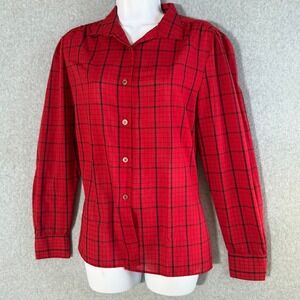 Miss Fashionality Vintage Red Black Grid Button Up Blouse Puffed Shoulder 11-12